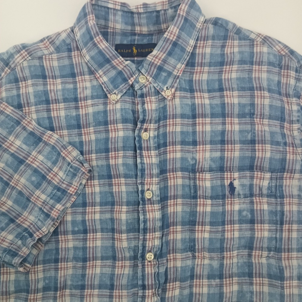 Ralph Lauren‎ Mens XXL Blue Plaid 100% Linen Short Sleeve Button Down Shirt